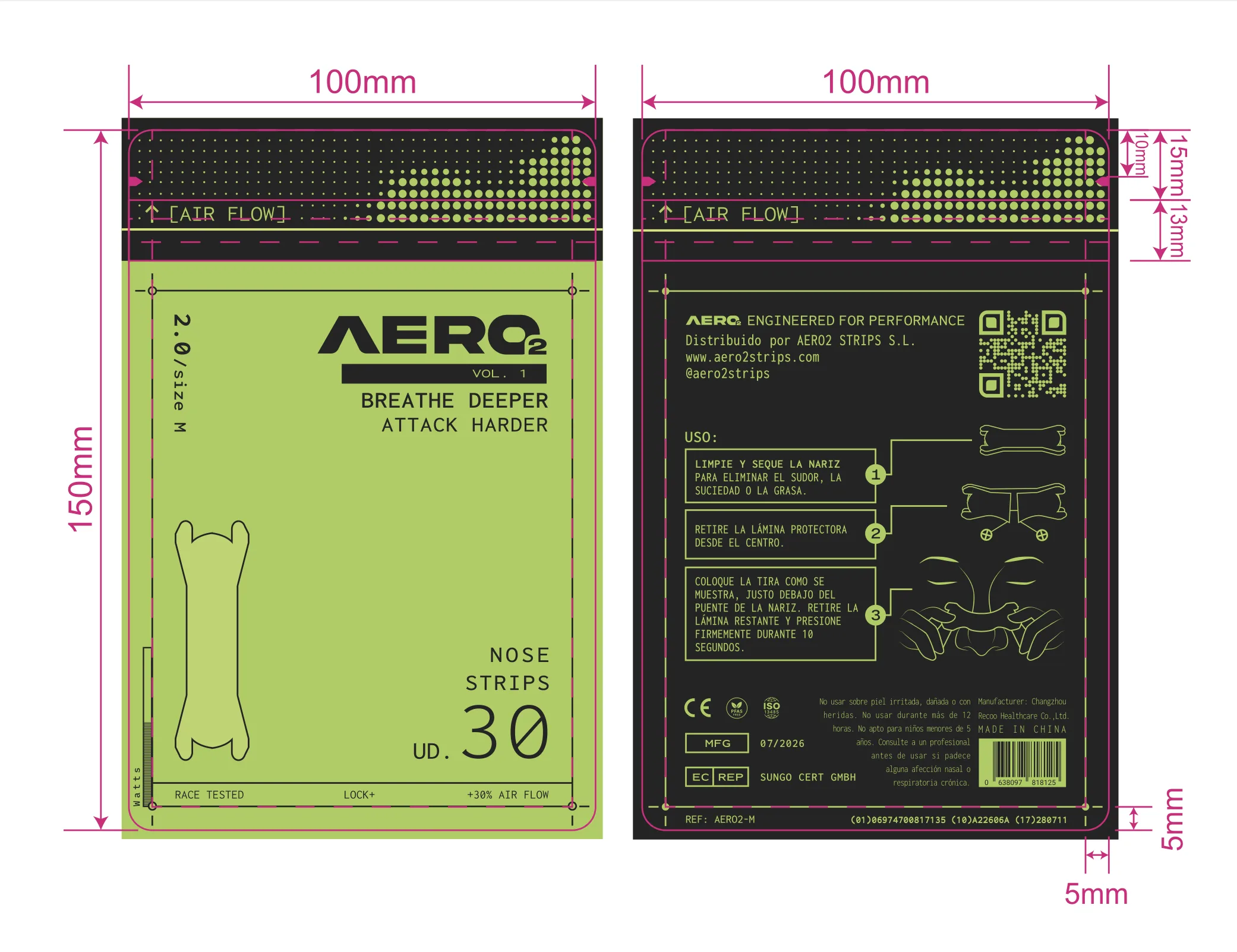 AERO2 production dieline spec sheet: front and back of the 100x150mm pouch with pink dimension lines, full Spanish back copy, CE and ISO marks, barcode, MFG date, REF and GS1 data string