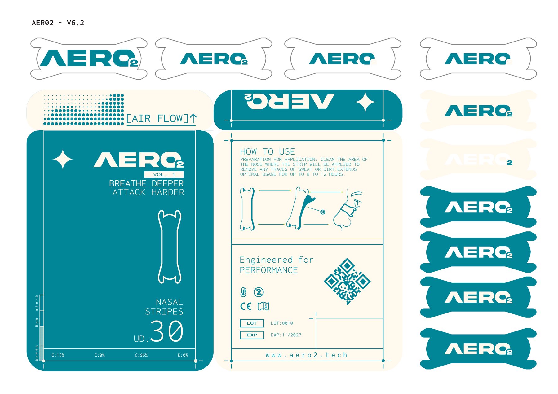 AERO2 production dieline sheet with logo lockup variations and full packaging front and back layout