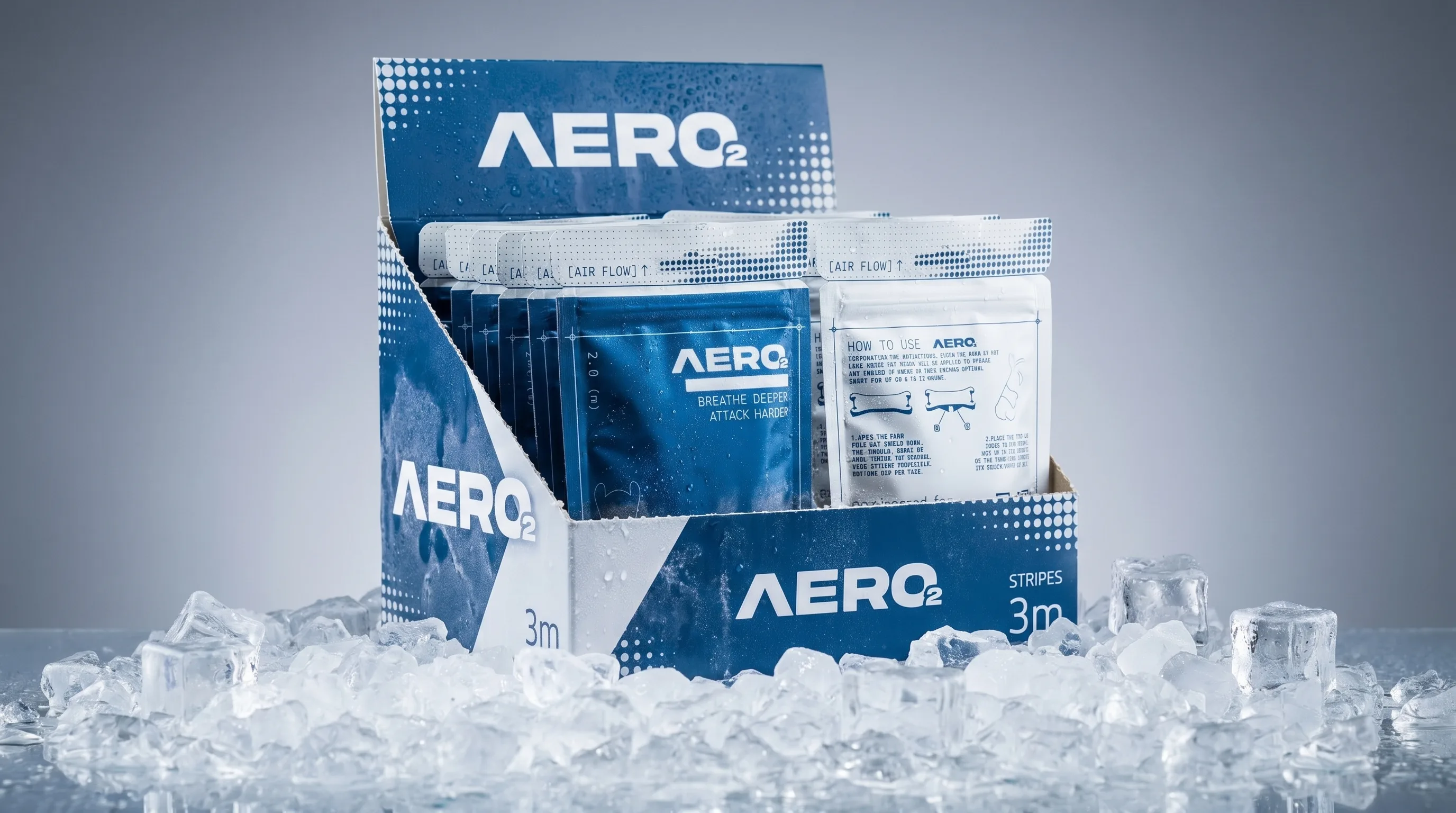 AERO2 Cobalt Blue 'ice' line retail display box and pouches photographed on melting ice, blue and white colorway