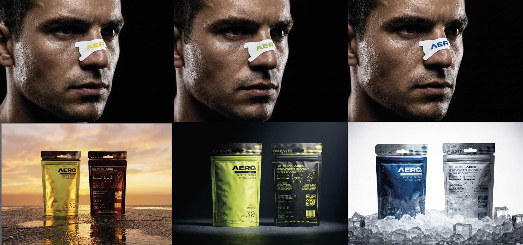 AERO2 color test stimuli: three colorways applied on an athlete's nose plus the matching packaging photographed in three lighting contexts, sunset, night studio and ice