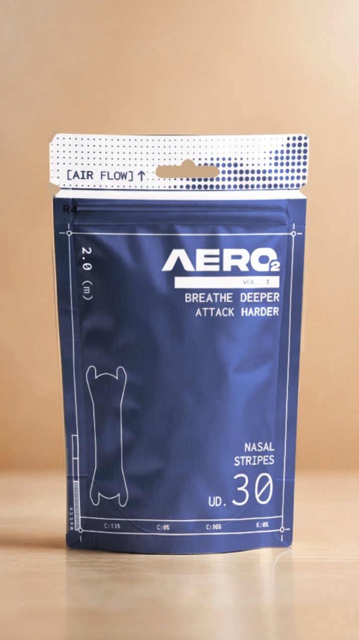 AERO2 packaging, R4 Navy colorway, front of stand-up pouch