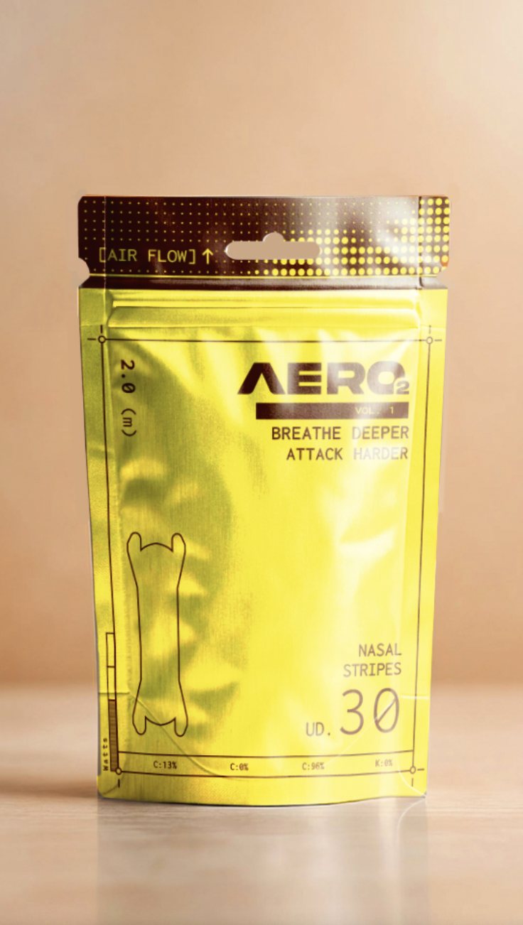 AERO2 packaging, R5 Yellow / Oxblood colorway, front of stand-up pouch
