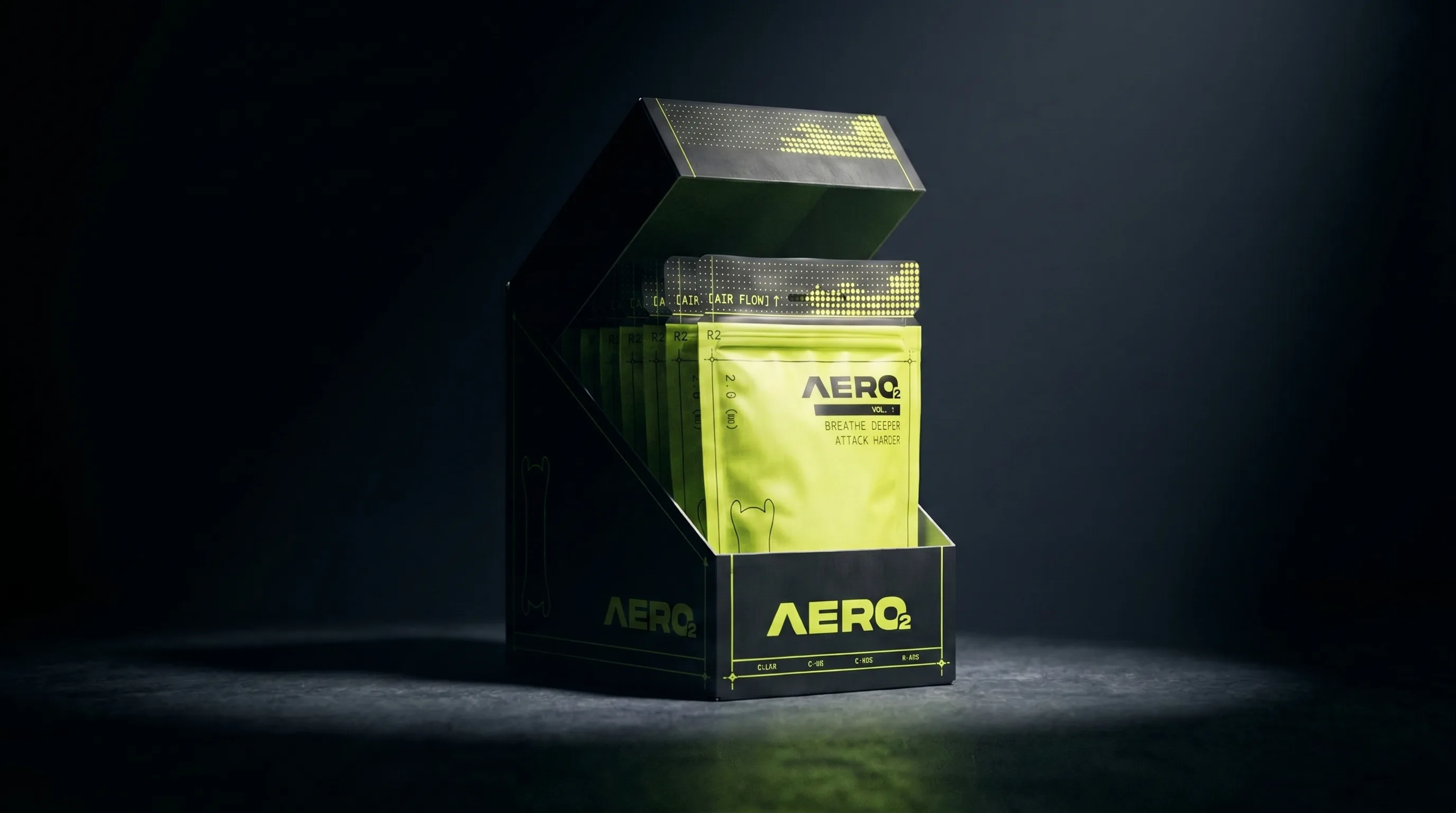 AERO2 retail display carton, black and volt green, with individual pouches standing inside ready for shelf placement