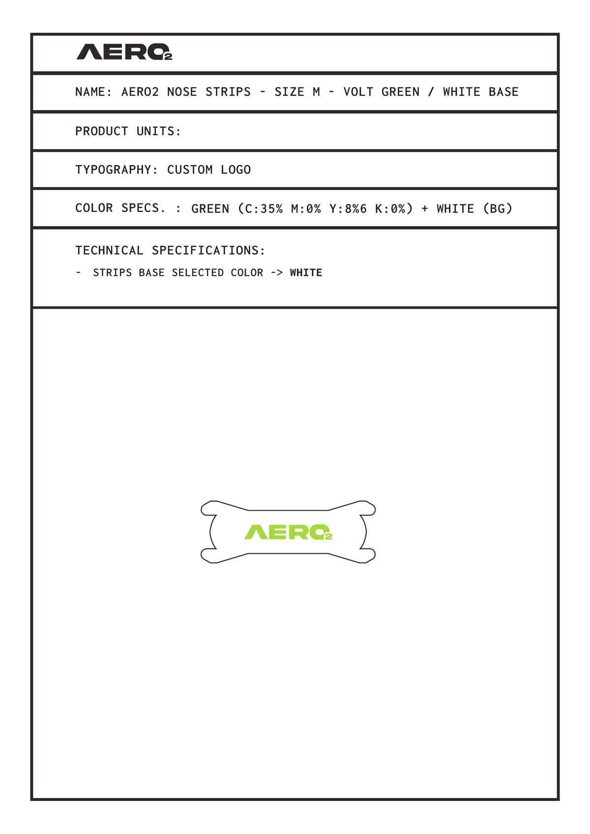 AERO2 technical specification sheet for the nasal strip, size M, listing color codes and construction notes