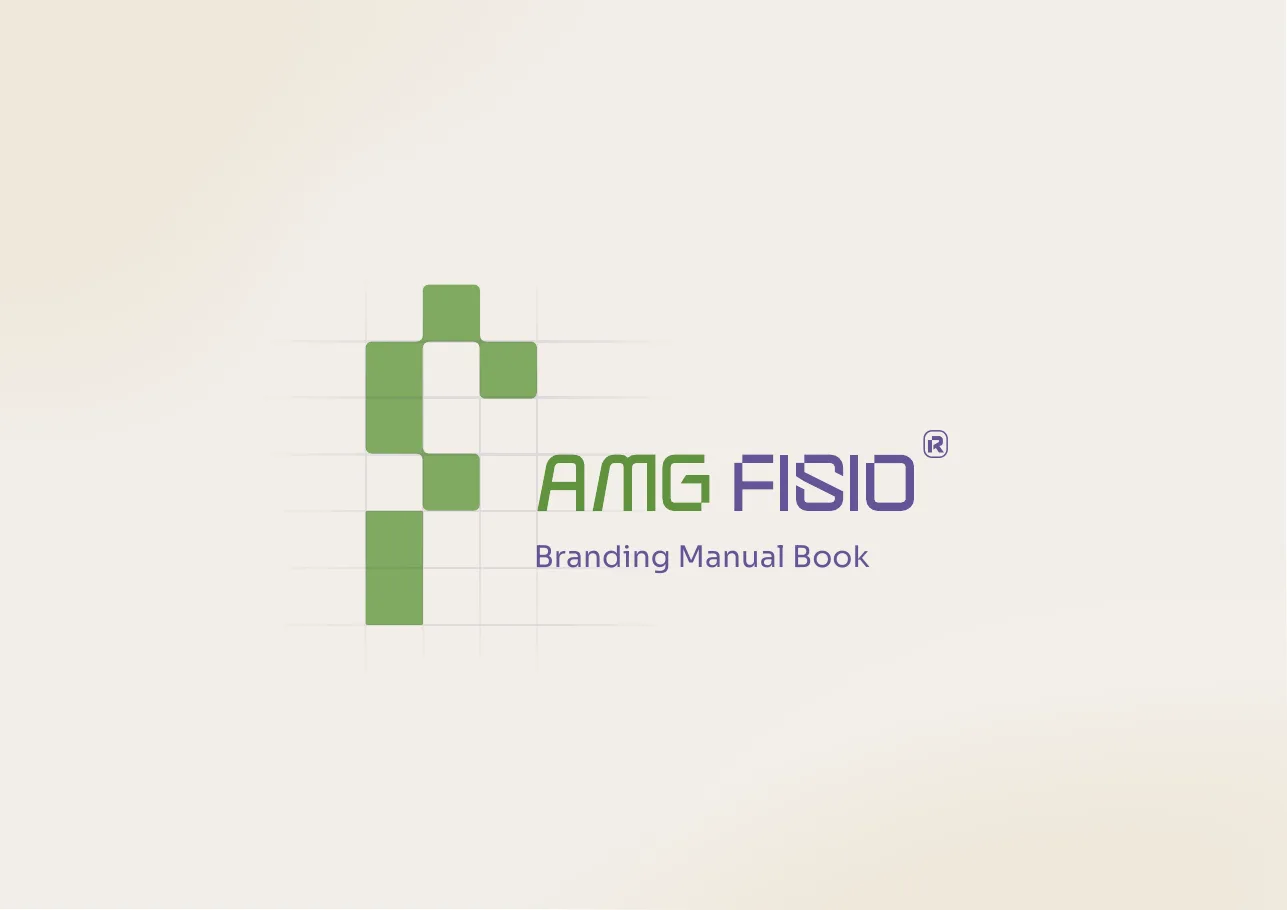 Brand book cover: the green pixel F mark on a modular grid next to the AMG FISIO wordmark, subtitled Branding Manual Book
