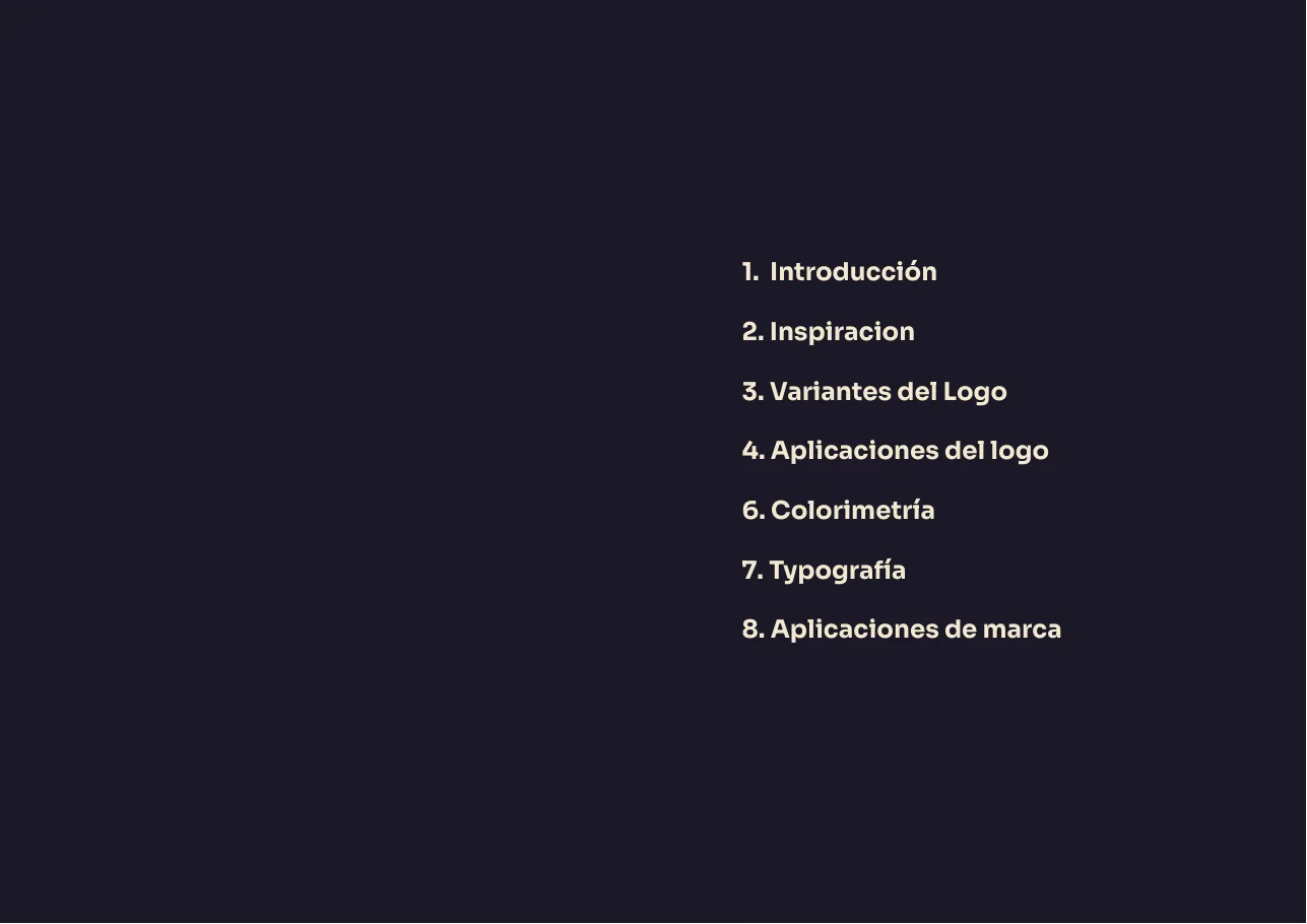 Index page listing the eight chapters: Introduccion, Inspiracion, Variantes del Logo, Aplicaciones del logo, Colorimetria, Typografia, Aplicaciones de marca