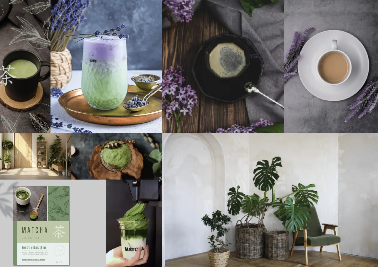 Inspiration moodboard: matcha drinks, lavender sprigs and plant-filled rooms in green, purple and grey