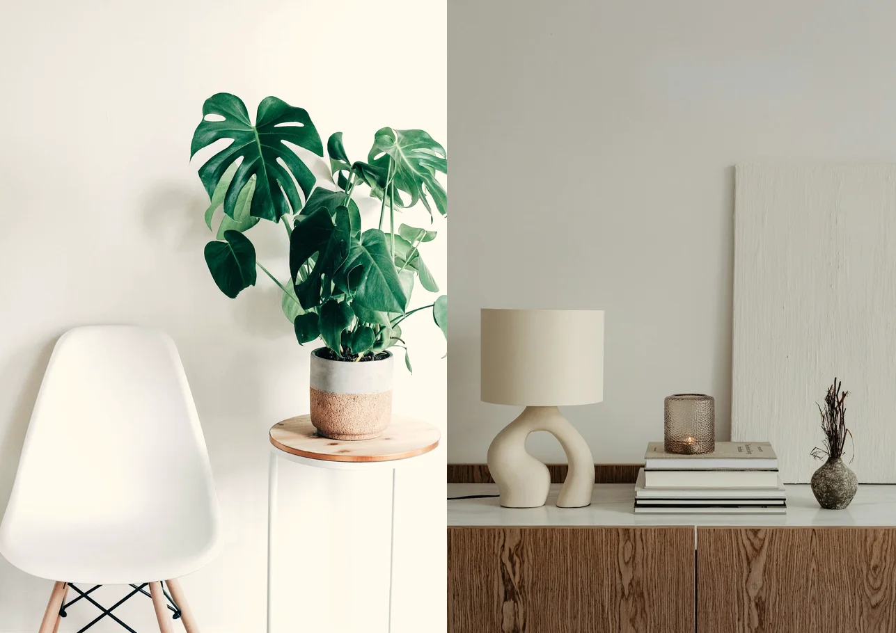 Inspiration moodboard: a white chair beside a monstera plant on a stool, and a wooden console with a sculptural cream lamp, books and a candle