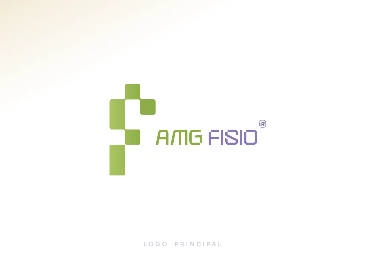 Primary logo: green gradient F mark with AMG in green and FISIO in purple, captioned LOGO PRINCIPAL