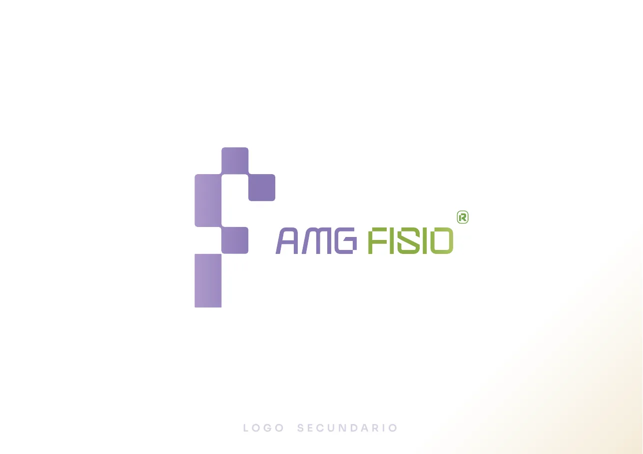 Secondary logo: purple F mark with AMG in purple and FISIO in green, captioned LOGO SECUNDARIO