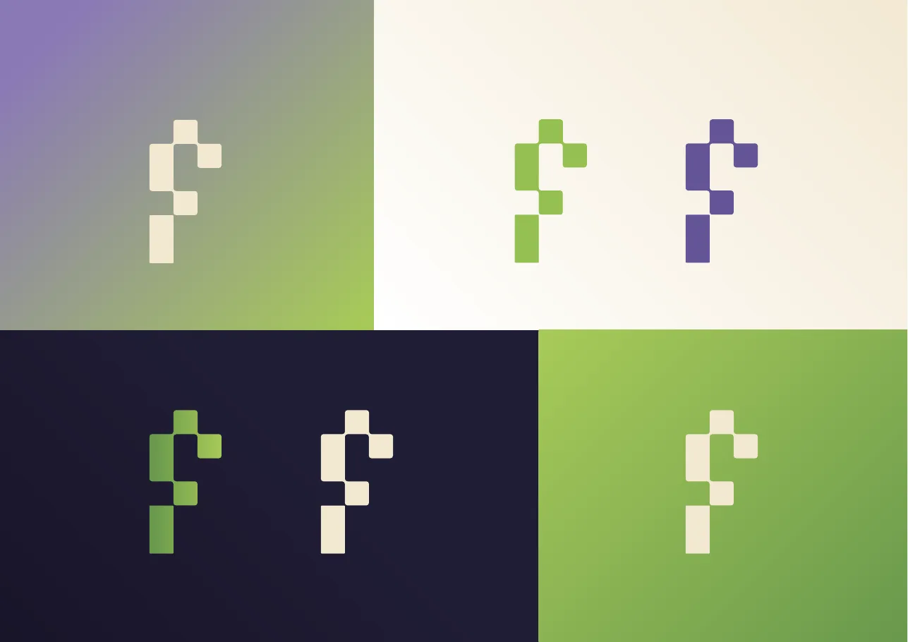 The isotype tested on four backgrounds at once: purple-to-green gradient, cream, dark navy and solid green