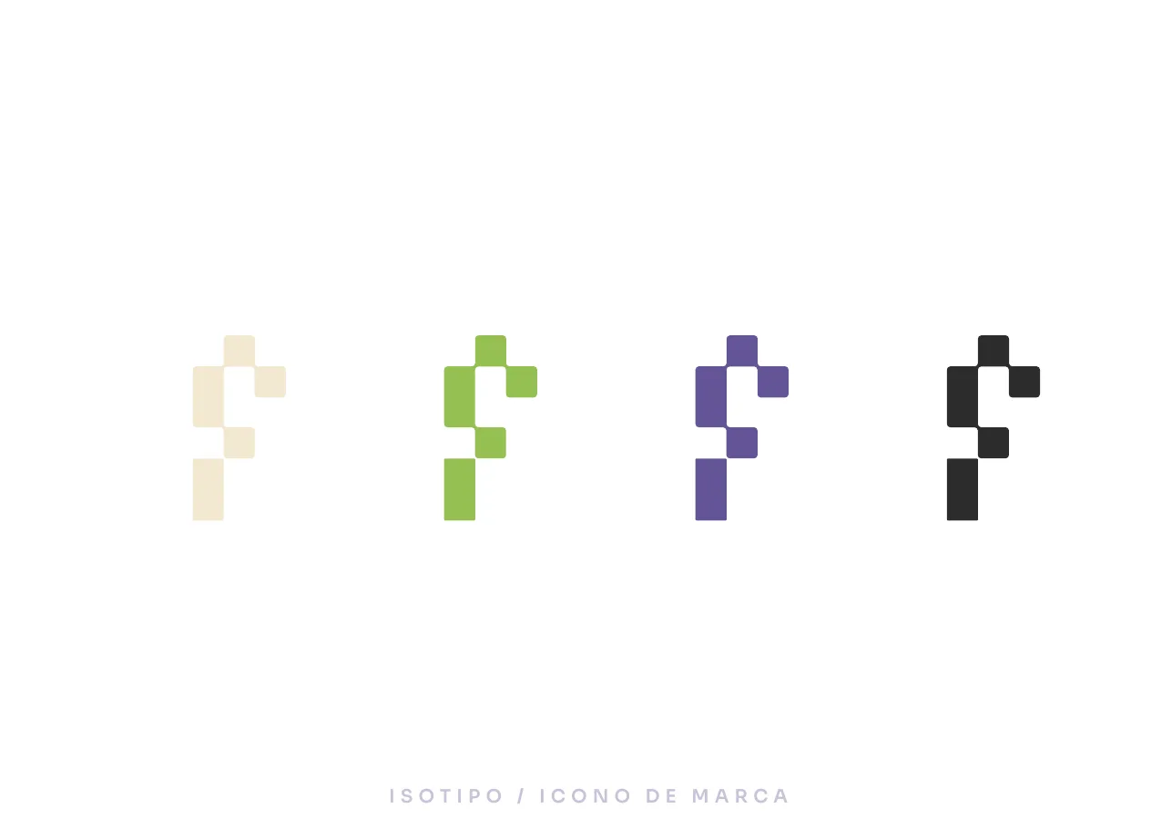 Four flat isotype versions in cream, green, purple and black, captioned ISOTIPO / ICONO DE MARCA
