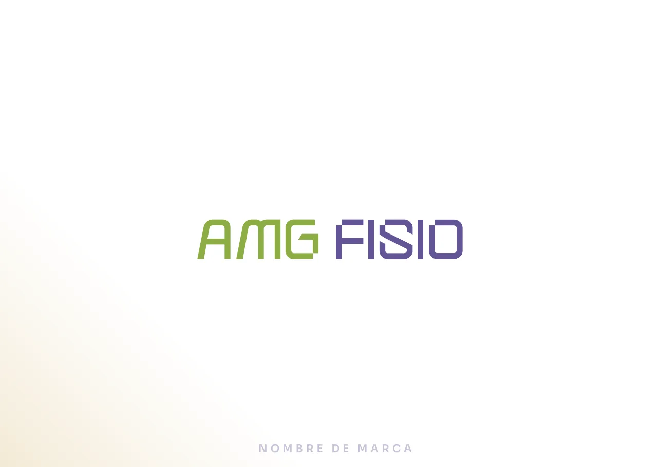 The wordmark on its own, AMG in green and FISIO in purple, captioned NOMBRE DE MARCA