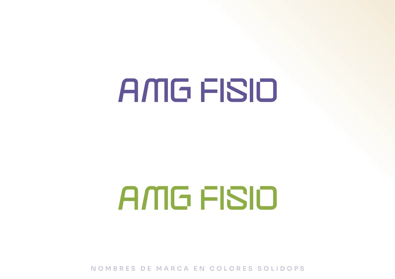 The wordmark in single solid colours, purple above and green below, captioned NOMBRES DE MARCA EN COLORES SOLIDOS