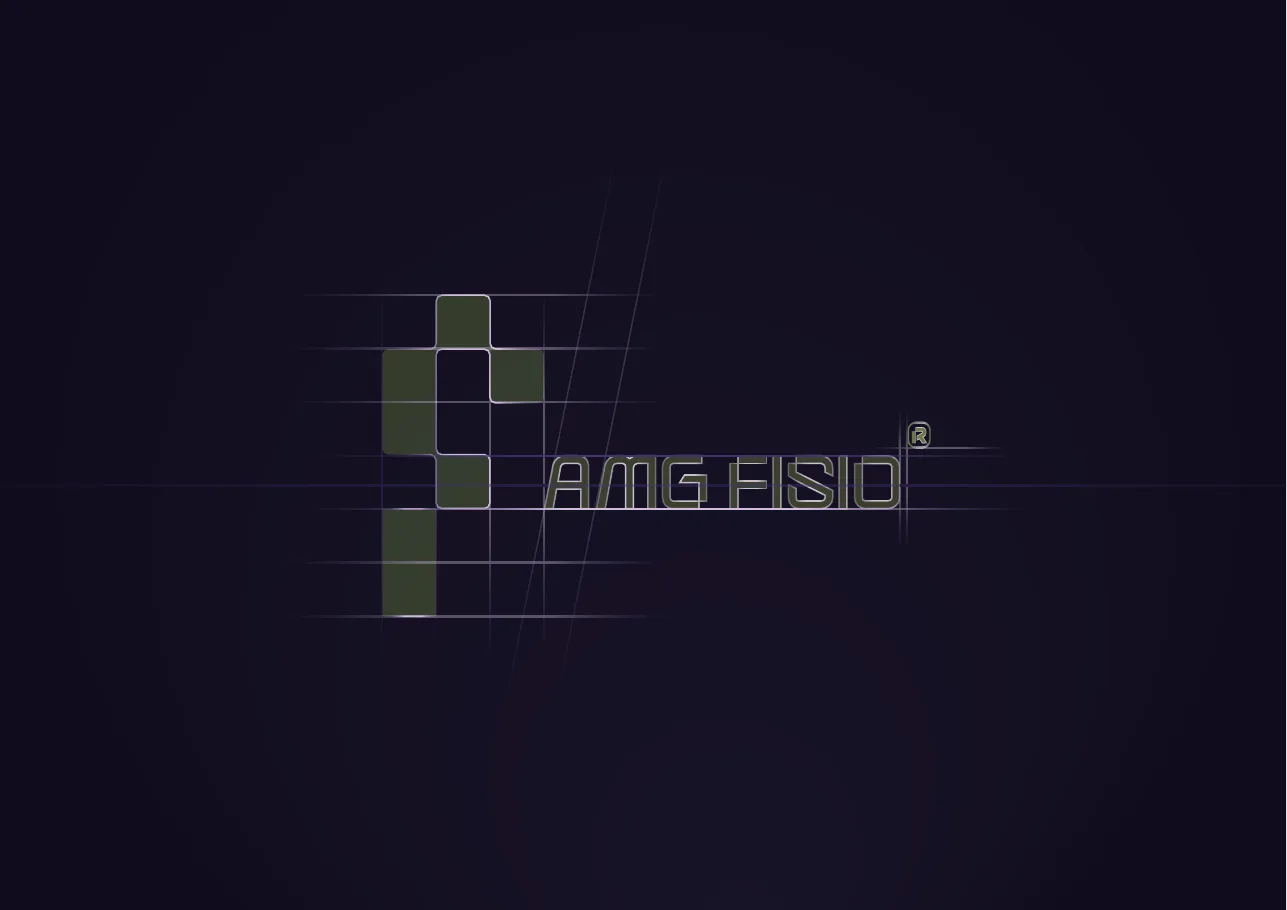Construction blueprint: the logo drawn as thin outlines over its modular grid on a dark background