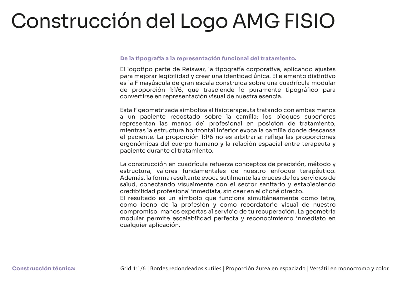 Logo construction essay in Spanish explaining the 1:1/6 grid, the therapist's hands over the couch, and the technical spec line