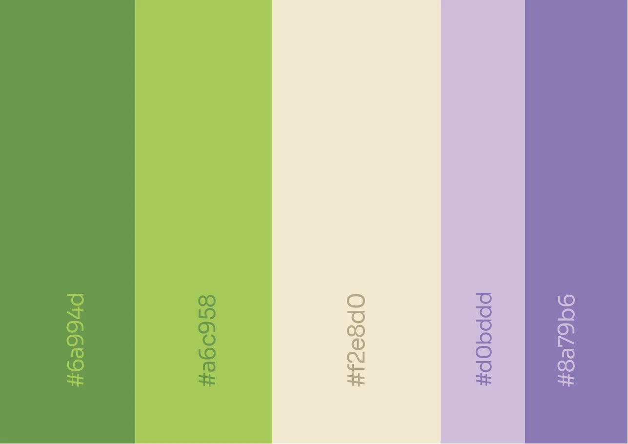 Full-bleed palette page: five vertical colour bands labelled 6a994d, a6c958, f2e8d0, d0bddd and 8a79b6