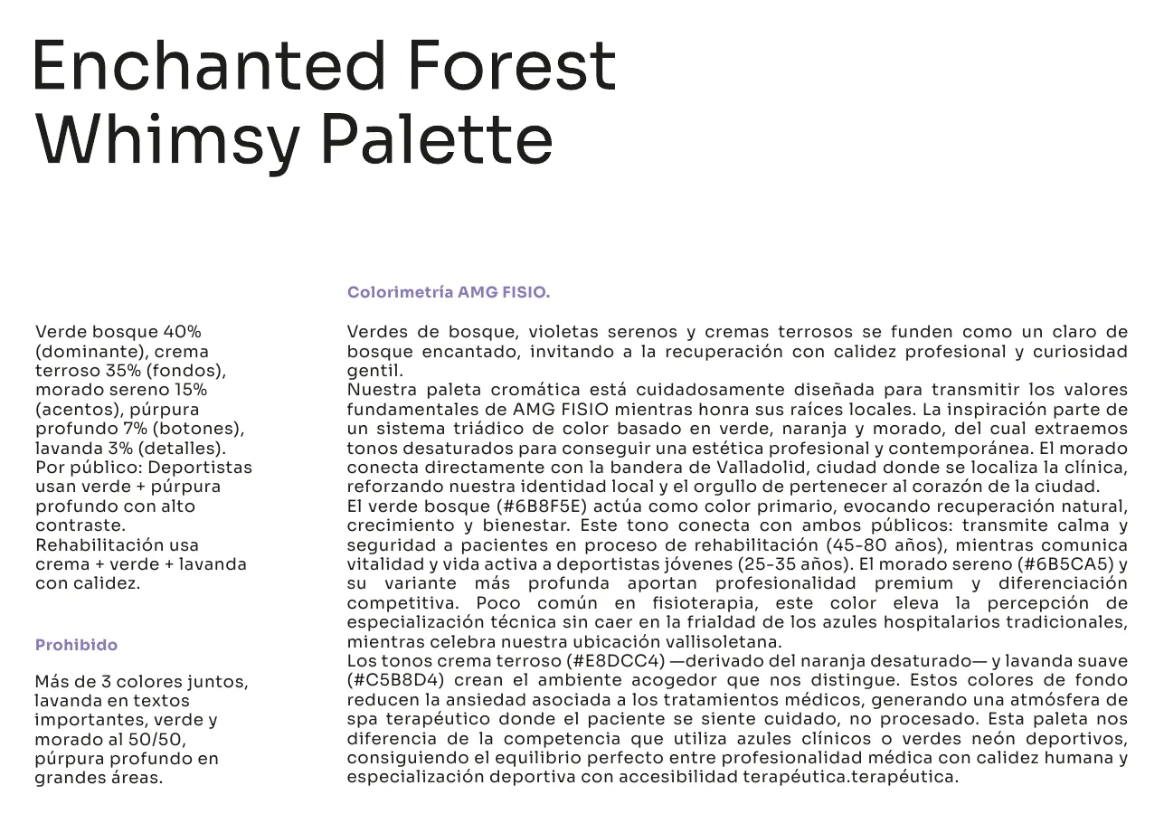 Colorimetry page titled Enchanted Forest Whimsy Palette, with the percentage split, the per-audience rules and the forbidden list