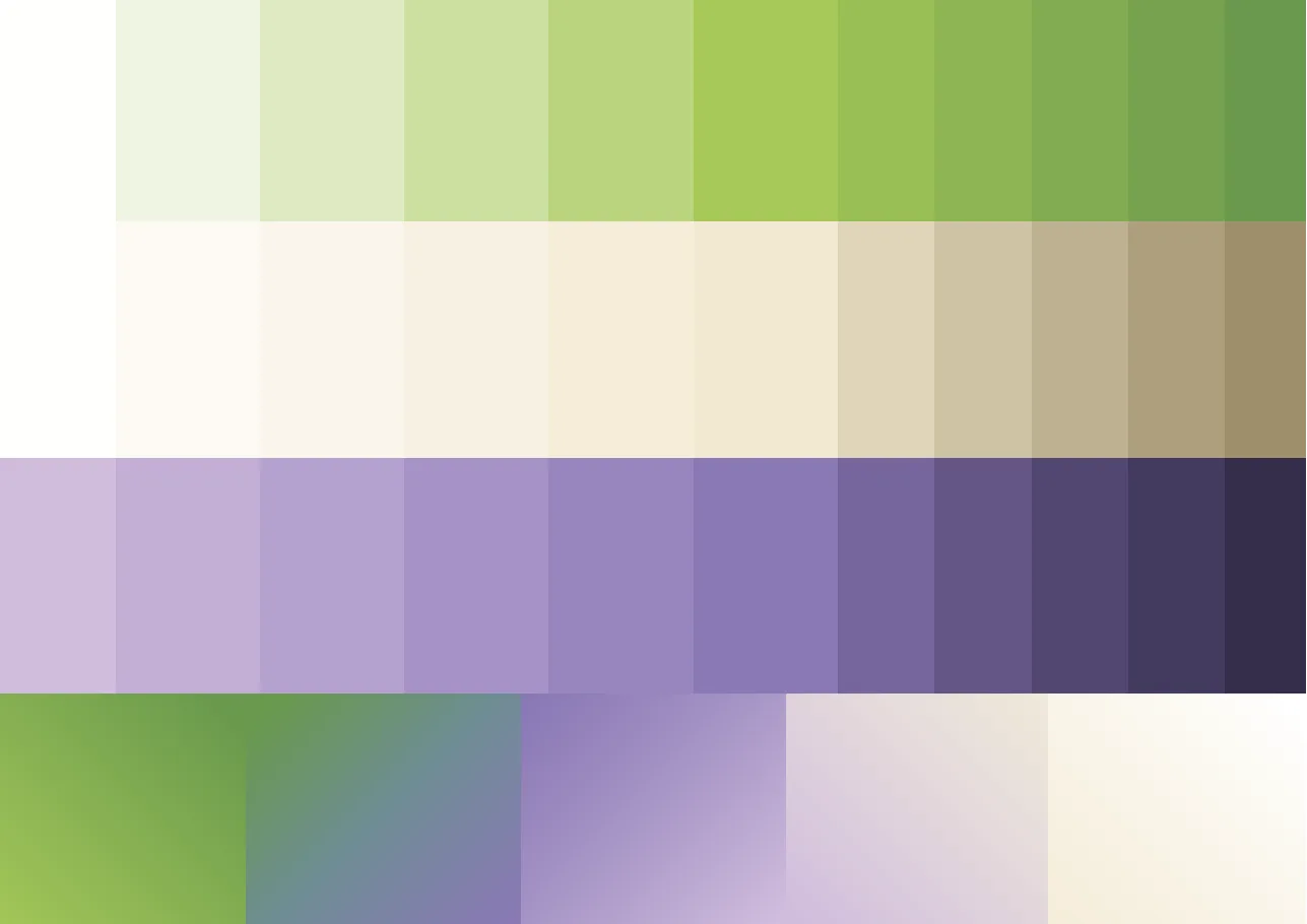 Tint and shade ramps for the green, cream and purple families, plus four brand gradients along the bottom