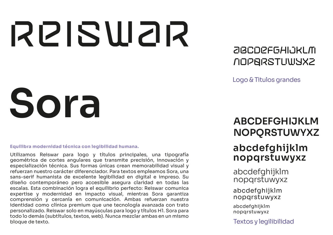 Typography page: Reiswar for the logo and large titles, Sora for text, with both character sets shown