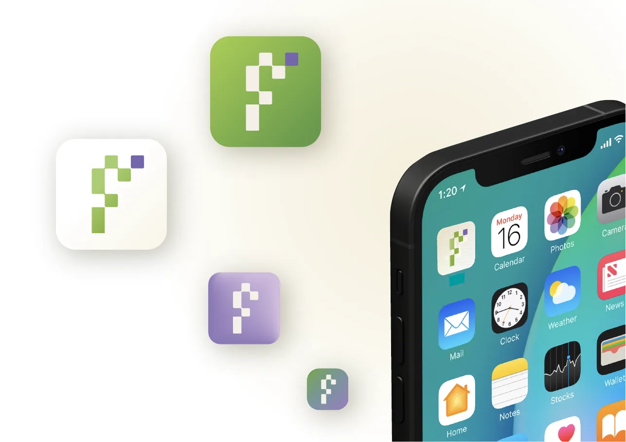 App icon set in green, cream and purple, with one icon shown in place on an iPhone home screen