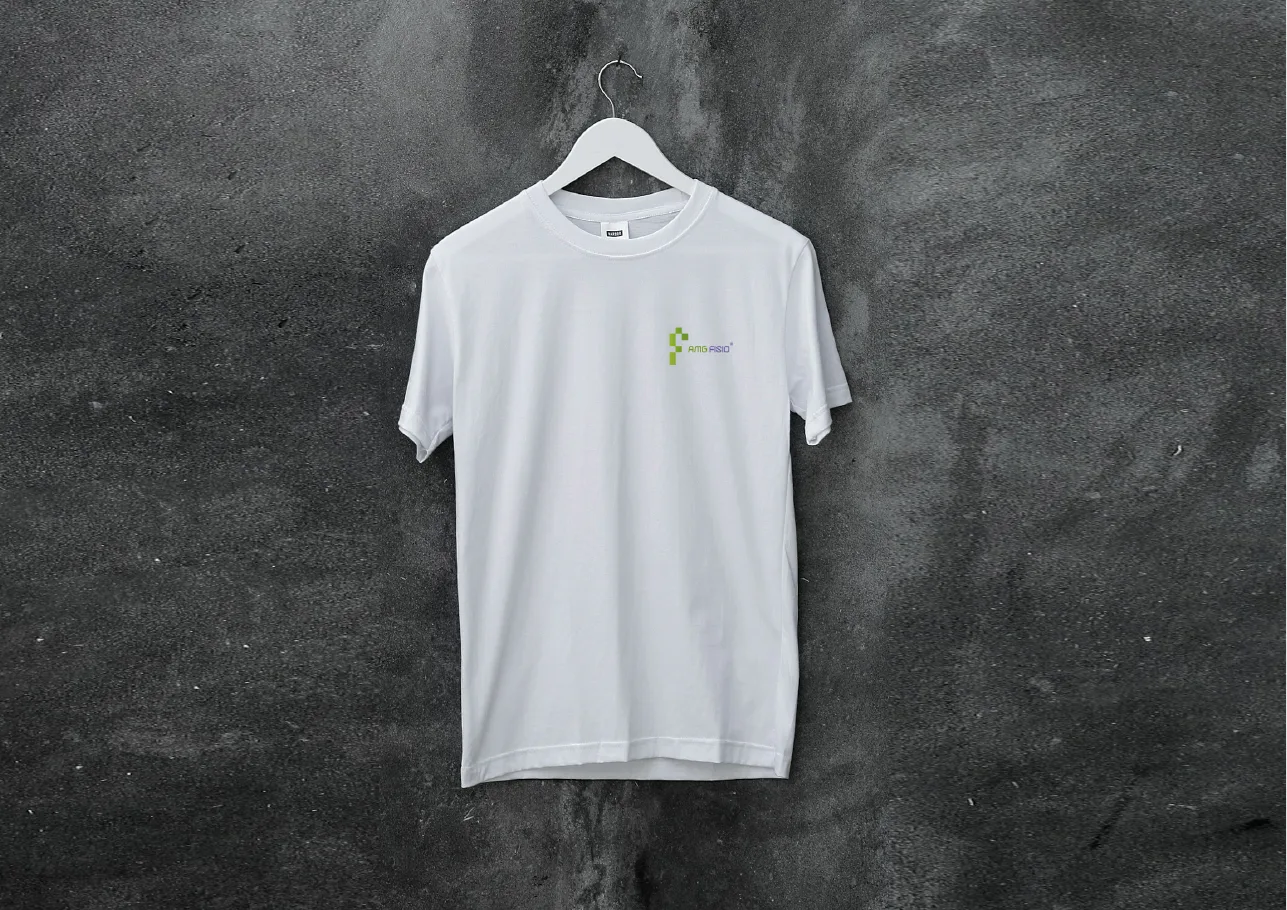Merchandise application: a white T-shirt on a hanger with the small green logo on the chest