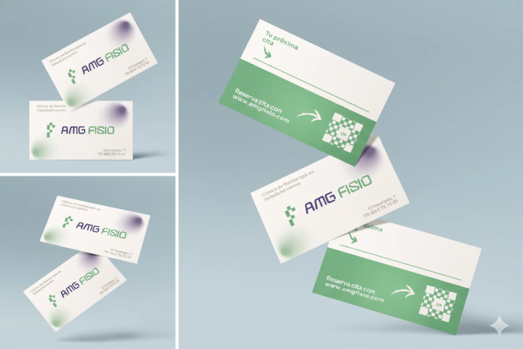 Business card render: white front with the logo, address and phone, green reverse reading Tu proxima cita with a booking QR code