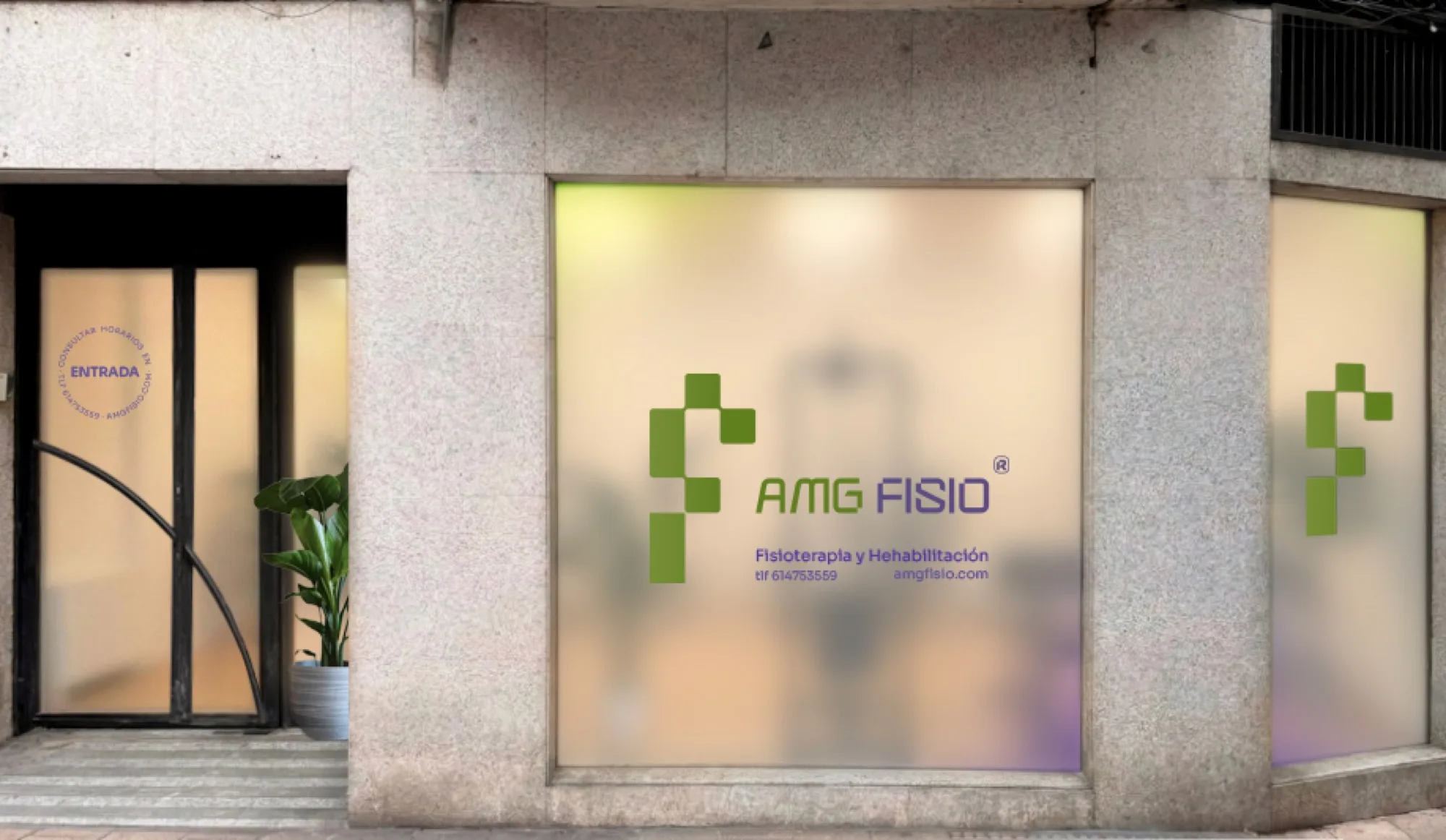 Facade option one: green logo with the wordmark in green and purple on the tinted window film