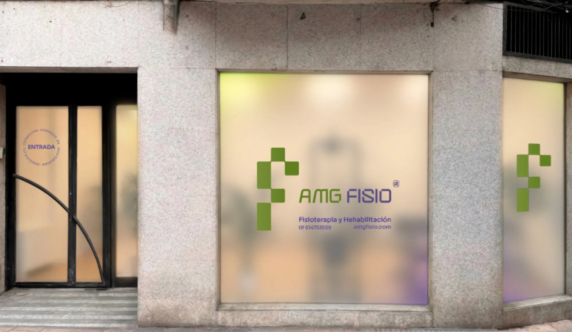 Facade option six: green logo with the purple wordmark on the tinted window film