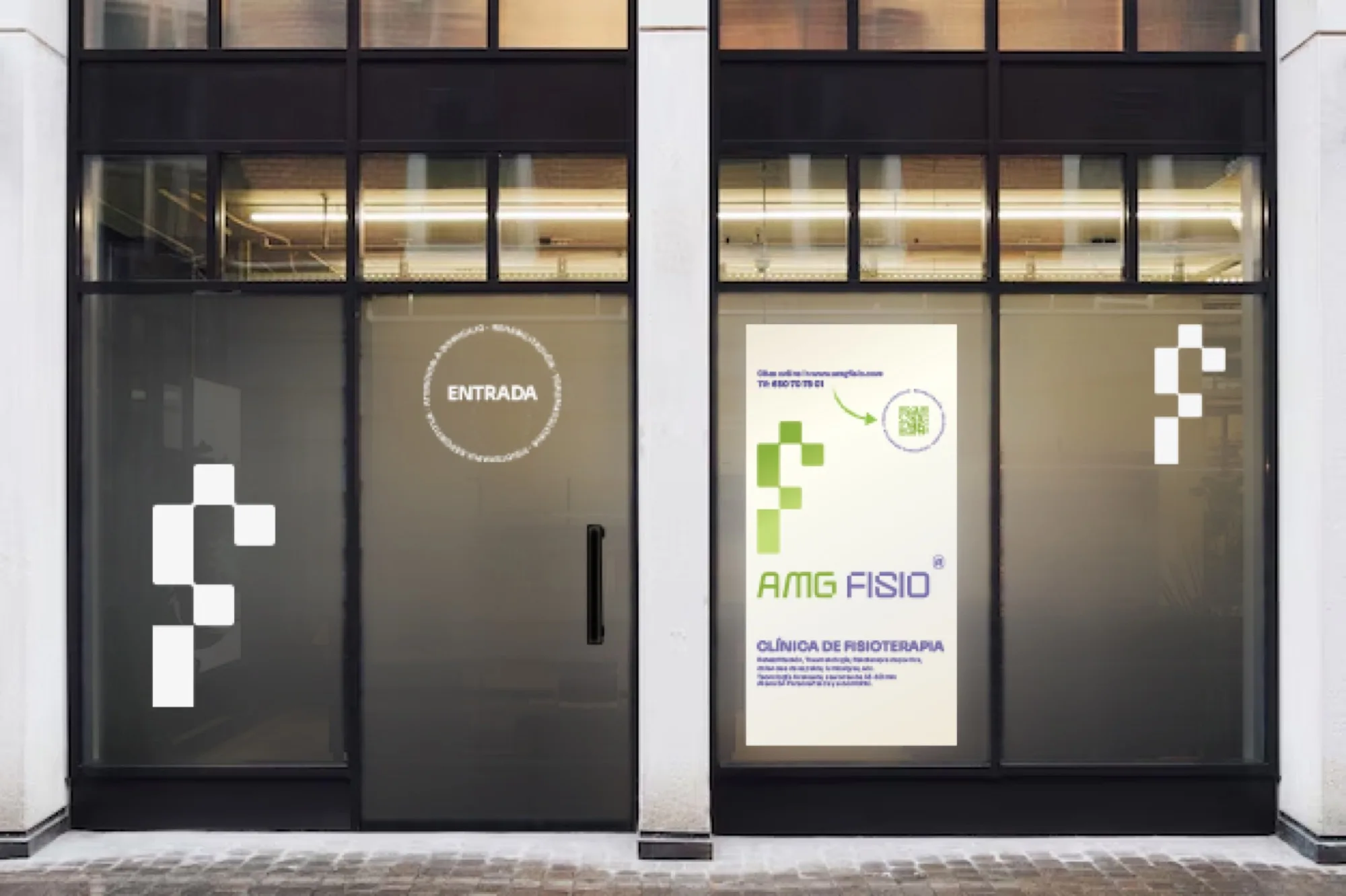 First storefront proposal, later rejected: white cut-vinyl isotypes on dark tinted windows, a circular ENTRADA decal on the door and a cream poster with the clinic description and a booking QR code