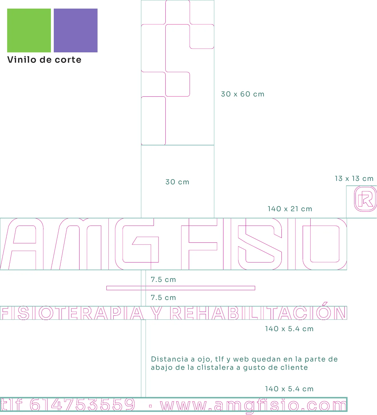 Cut-vinyl production plan with cut lines and measurements: 30 by 60 cm isotype, 140 by 21 cm wordmark, 140 by 5.4 cm service line and phone strip, 13 by 13 cm registered mark