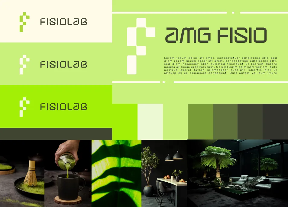 Identity direction one: lime and grass green blocks, the AMG Fisio wordmark in dark green, and a moodboard of matcha and dark interiors