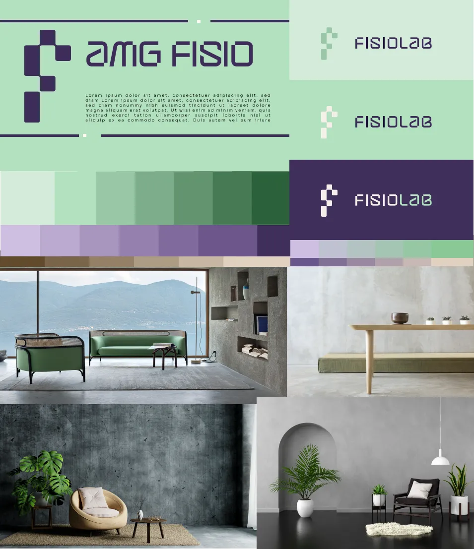 Identity direction two: mint background with deep purple wordmark, green and violet colour ramps, and a moodboard of pale concrete interiors