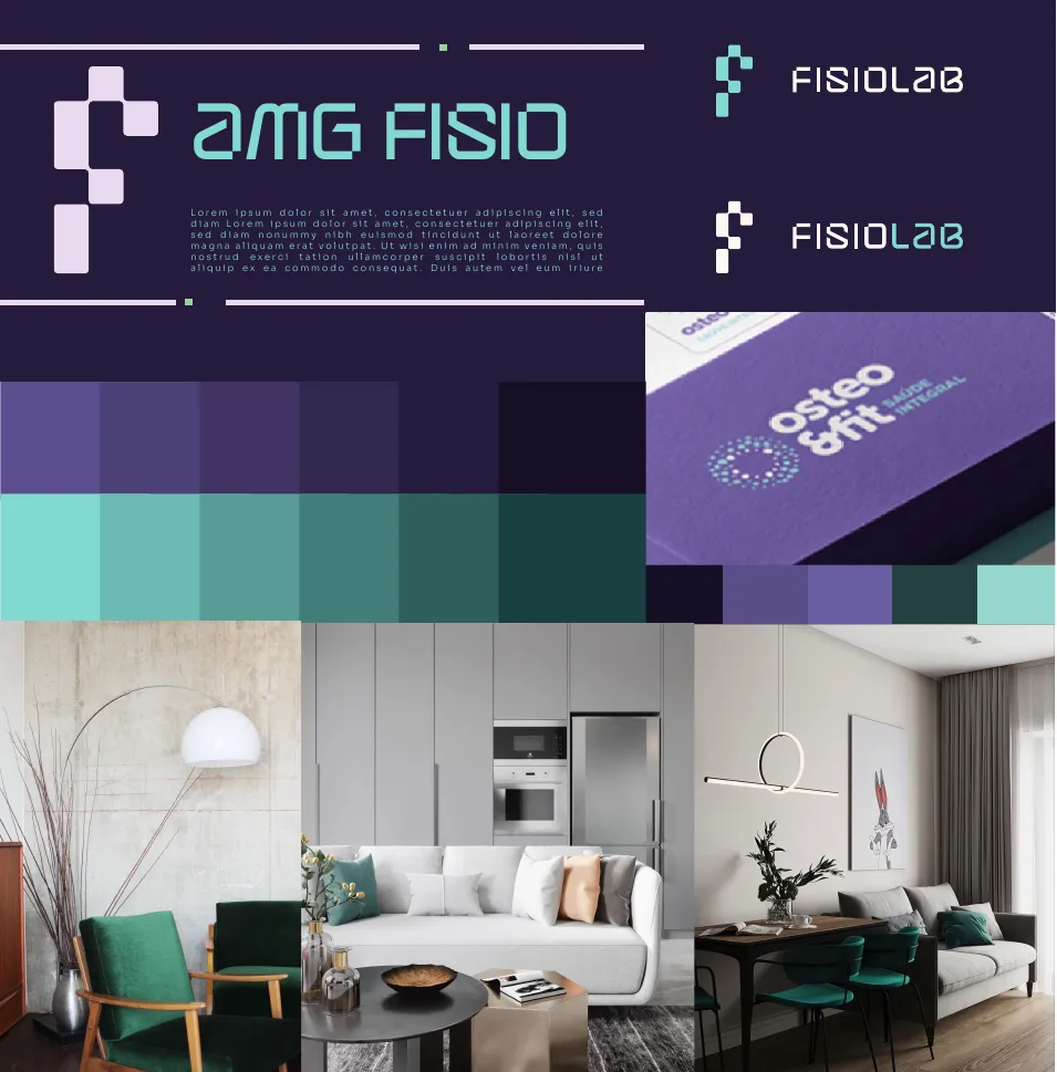 Identity direction three: deep purple background with a teal wordmark, purple and teal ramps, and a moodboard of grey living rooms