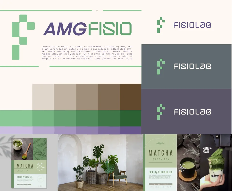 Identity direction four: cream background, green and violet wordmark, earthy brown and green ramps, and a moodboard of matcha packaging and plants