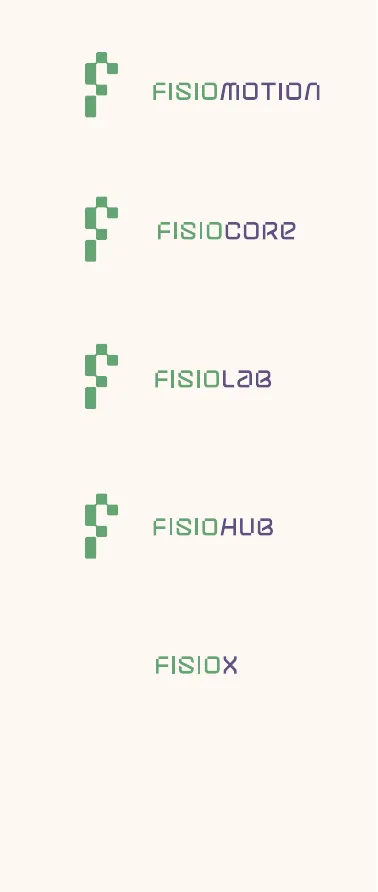 Naming round on cream: Fisiomotion, Fisiocore, Fisiolab, Fisiohub and Fisiox, each locked up with the pixel F mark