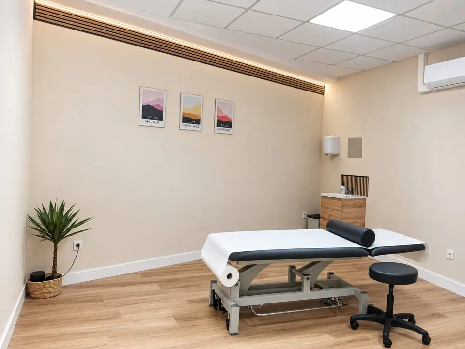 Second treatment room with a couch, framed art and a plant