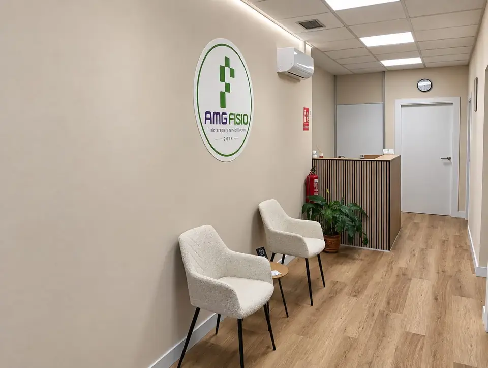 Reception and waiting area: the round AMG Fisio logo on a cream wall, a wood-slat desk and a plant