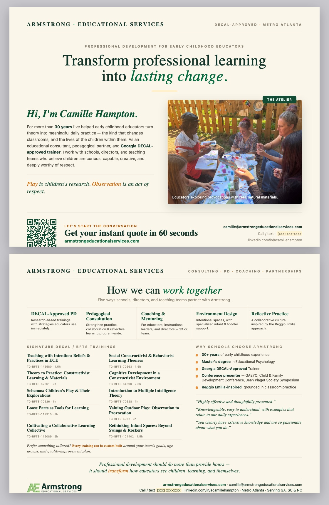 Armstrong Educational Services flyer, atelier direction