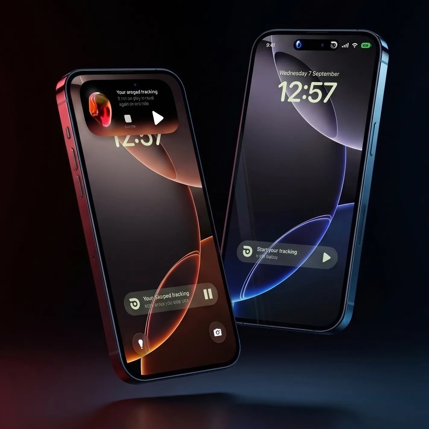 Two iPhones floating, lock screens showing the Beloo Always-On Display widget with ride tracking controls and status