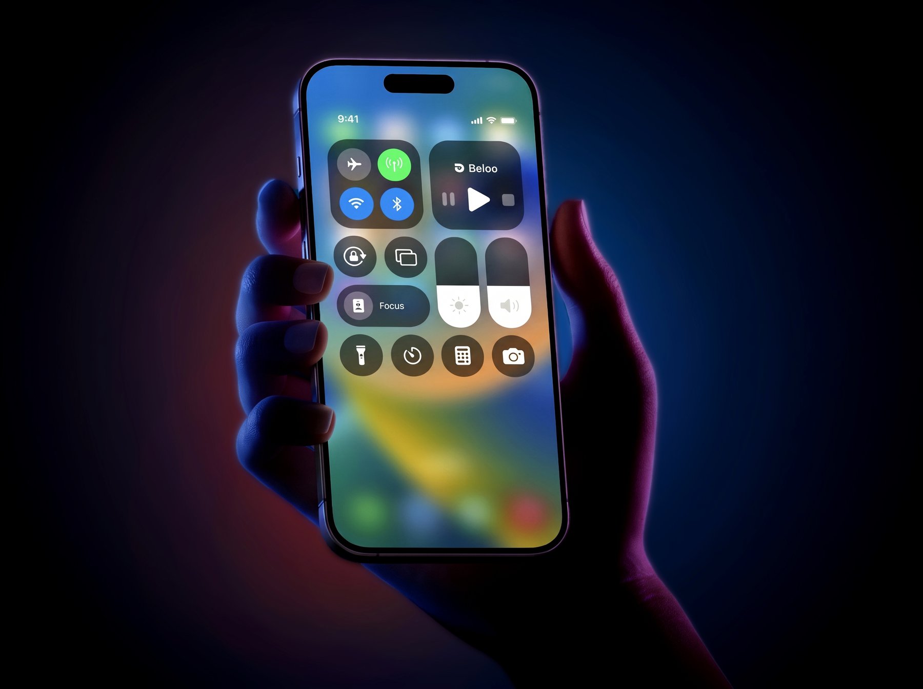 Hand holding an iPhone showing the Beloo widget in iOS Control Center, with play, pause and stop controls