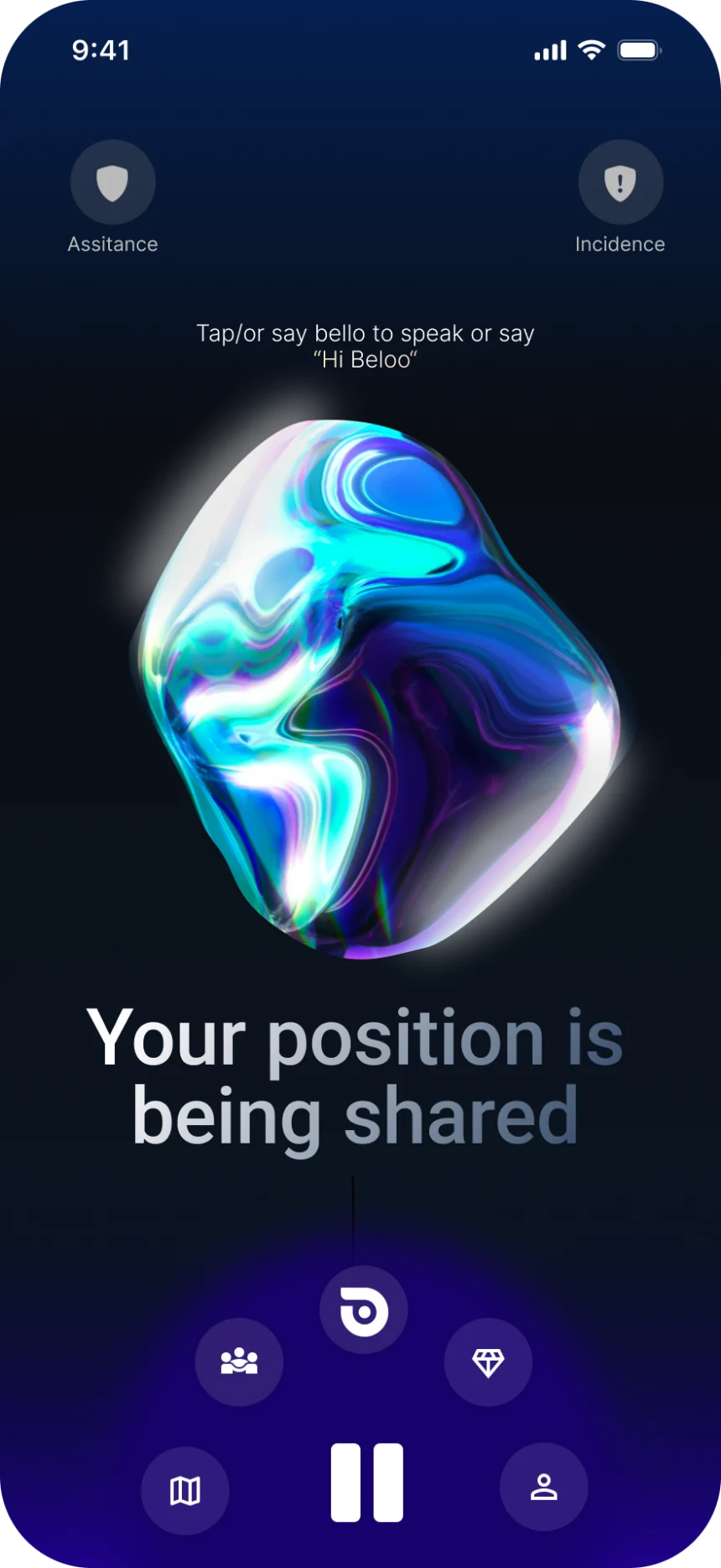 Beloo home screen while broadcasting: the sphere turns blue-green, the screen reads Your position is being shared, and the bottom control expands into a ring of quick actions around a pause button