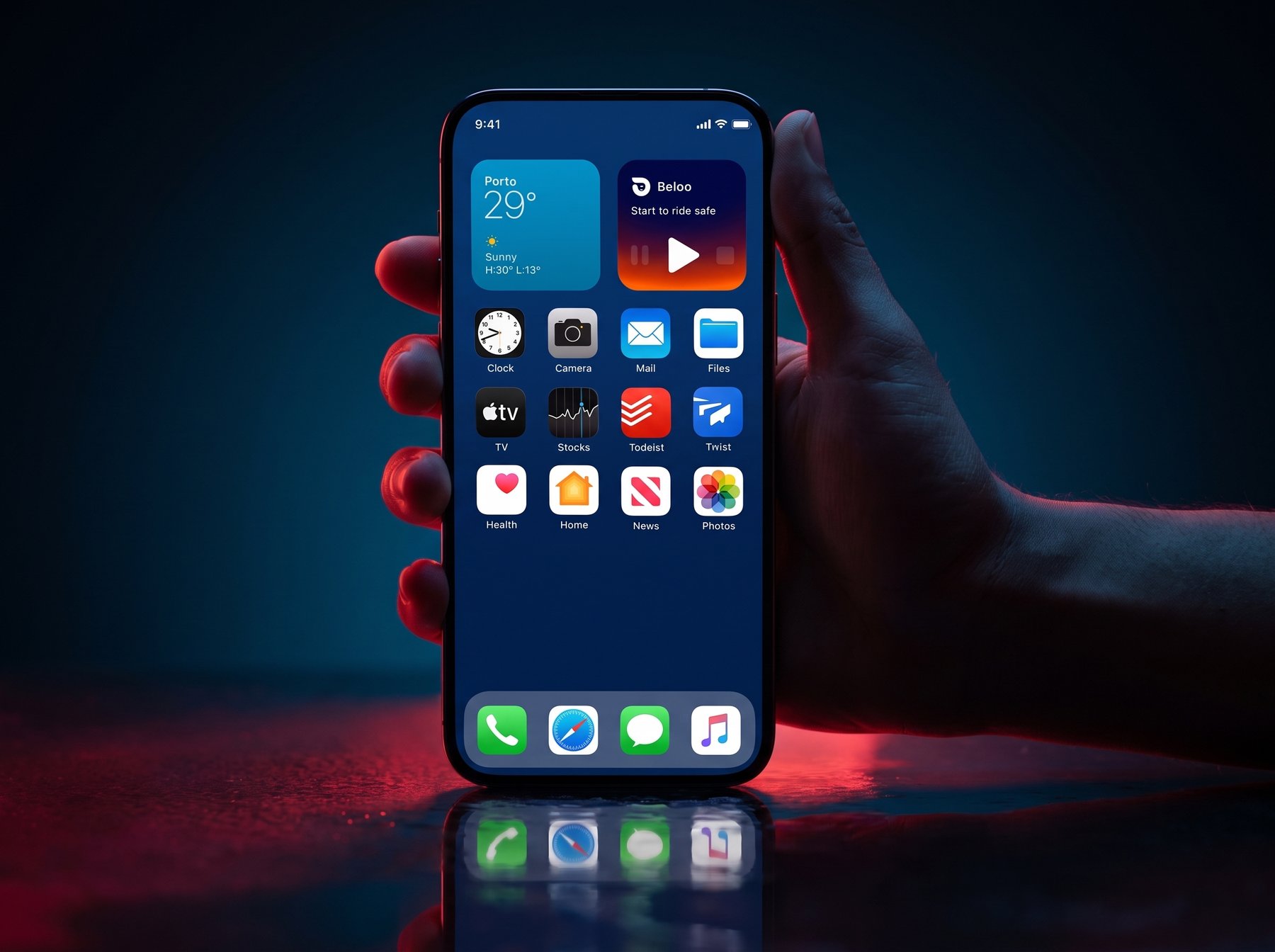 Hand holding an iPhone showing the Beloo home screen widget with weather and ride tracking controls