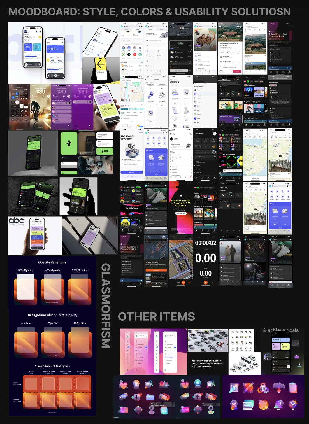 Beloo moodboard: style, colors and usability references, including glass morphism opacity and blur studies, dark UI patterns, maps, checkout and discount flows