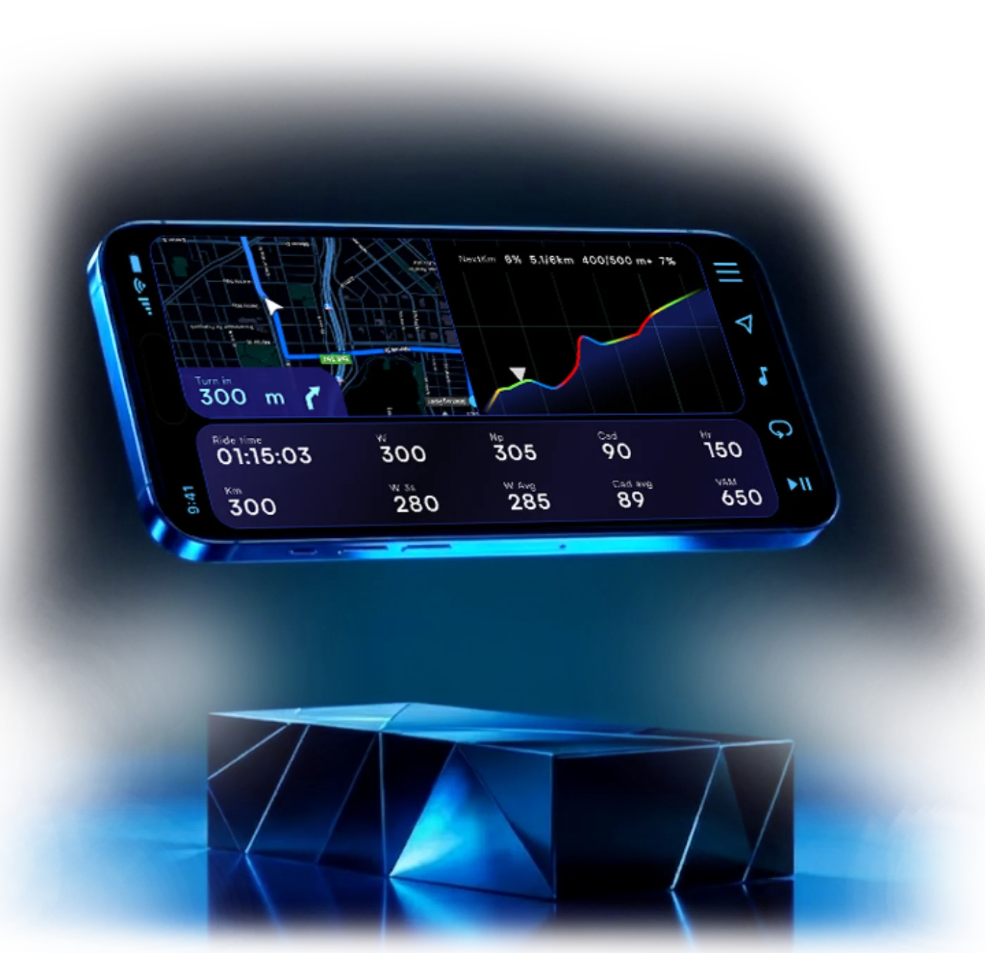 Exploration mockup: Beloo in landscape on a handlebar mount, showing turn-by-turn navigation beside live training metrics, ride time, power, normalised power, cadence, heart rate, average speed and VAM, over an elevation profile
