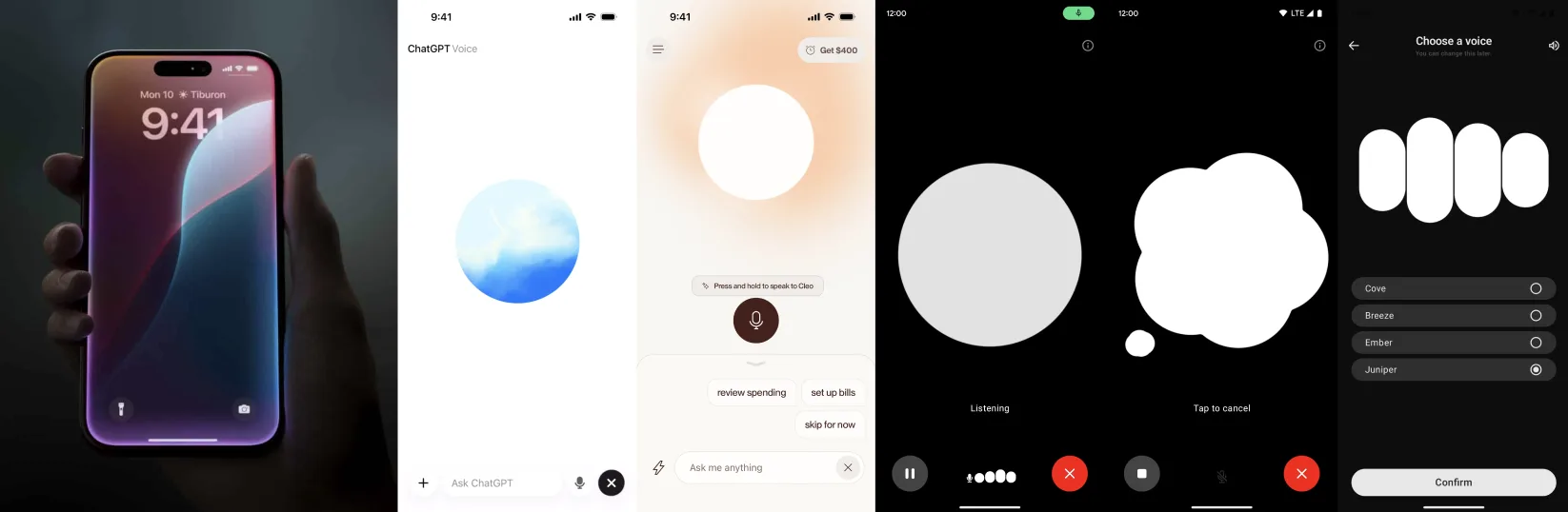 Voice interface references: iPhone lock screen with Hey Siri, ChatGPT Voice listening sphere, voice assistant listening and voice-selection screens