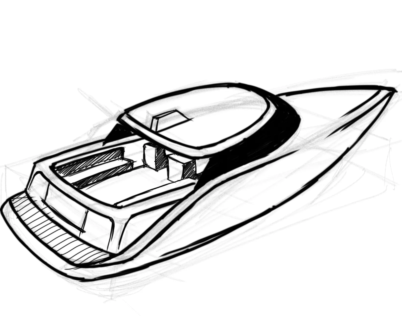 Marker concept sketch of a sleek motorboat with cockpit seating and hardtop