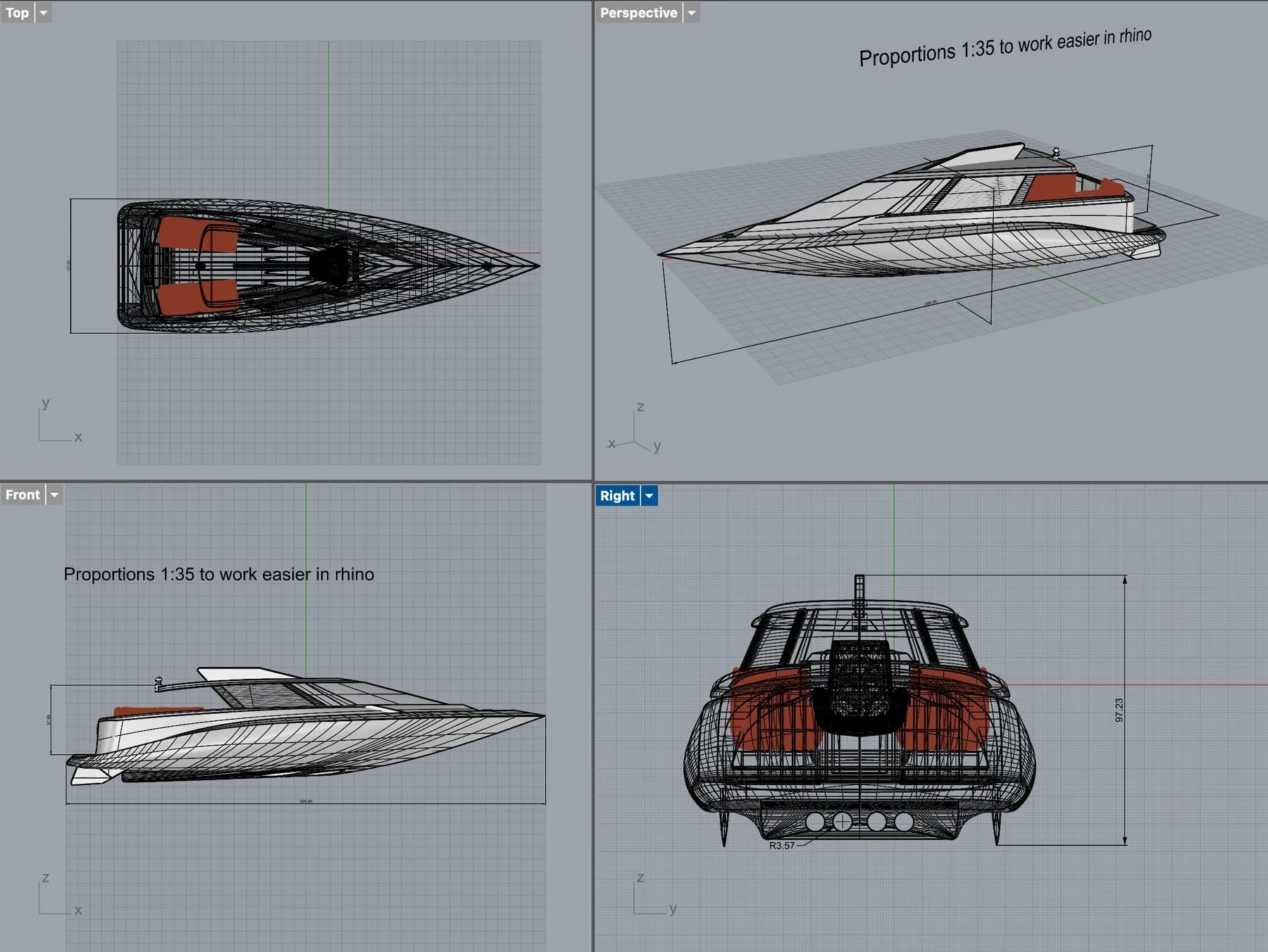 Rhino four-viewport screenshot showing top, perspective, front and right wireframe of the boat with a 1:35 scale note