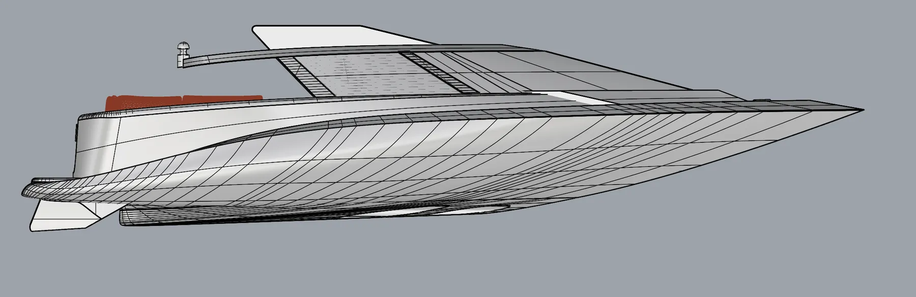 Side view in Rhino of hull surfaces with isocurves and internal seating and helm