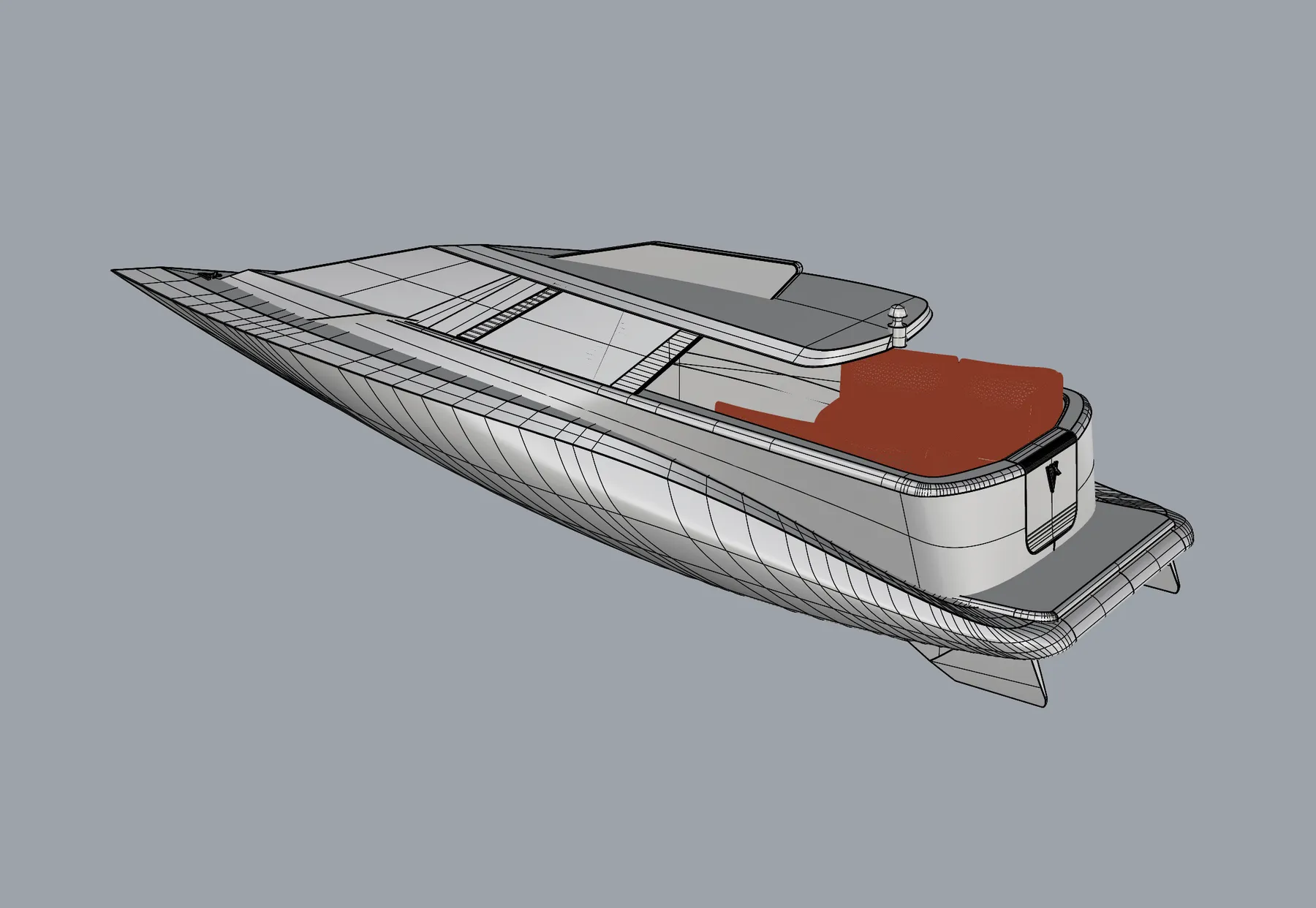 Rhino shaded perspective of the hull and deck with visible surface isocurves